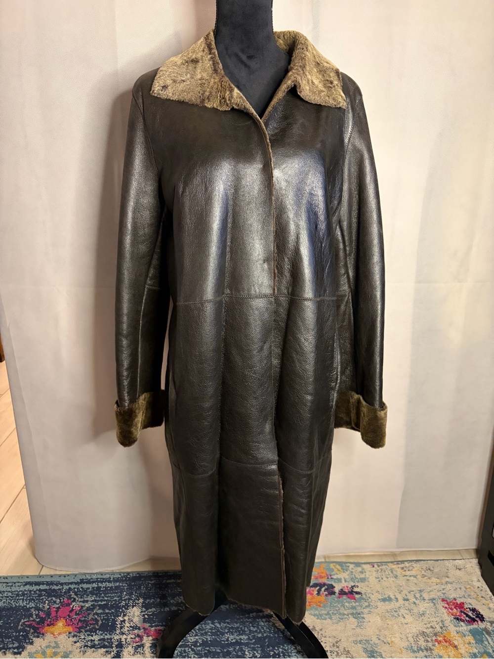 Vintage Banana Republic Dark Brown Shearling Leather Coat with Fur Trim